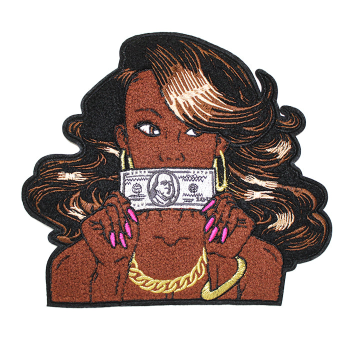 Beautiful Bling Black Lady Holding a Hundred-Dollar Bill Chenille Patch