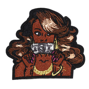 Beautiful Bling Black Lady Holding a Hundred-Dollar Bill Embroidery Patch