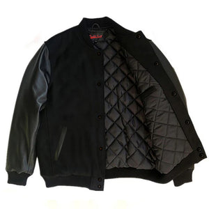 Varsity Premium Quality Plain Black Polyester Body & Black PU Sleeve Jacket
