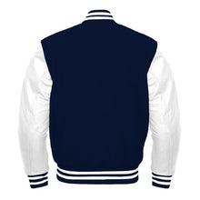 Load image into Gallery viewer, Varsity Premium Quality Plain Navy Blue Polyester Body & White PU Sleeve Jacket