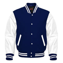 Load image into Gallery viewer, Varsity Premium Quality Plain Navy Blue Polyester Body & White PU Sleeve Jacket
