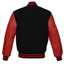 Load image into Gallery viewer, Varsity Premium Quality Plain Black Polyester Body &amp; Red PU Sleeve Jacket
