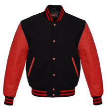 Load image into Gallery viewer, Varsity Premium Quality Plain Black Polyester Body &amp; Red PU Sleeve Jacket
