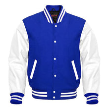 Load image into Gallery viewer, Varsity Premium Quality Plain Royal Blue Polyester Body & White PU Sleeve Jacket