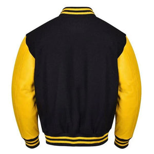 Varsity Premium Quality Plain Black Polyester Body & Yellow PU Sleeve Jacket