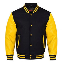 Load image into Gallery viewer, Varsity Premium Quality Plain Black Polyester Body &amp; Yellow PU Sleeve Jacket
