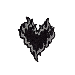 Black Fire Heart Flame Embroidery Patch