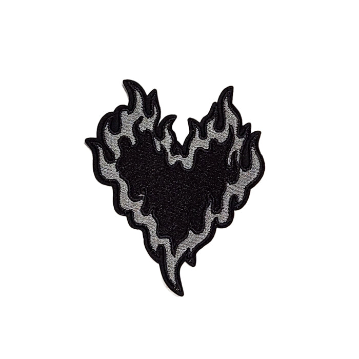 Black Fire Heart Flame Embroidery Patch