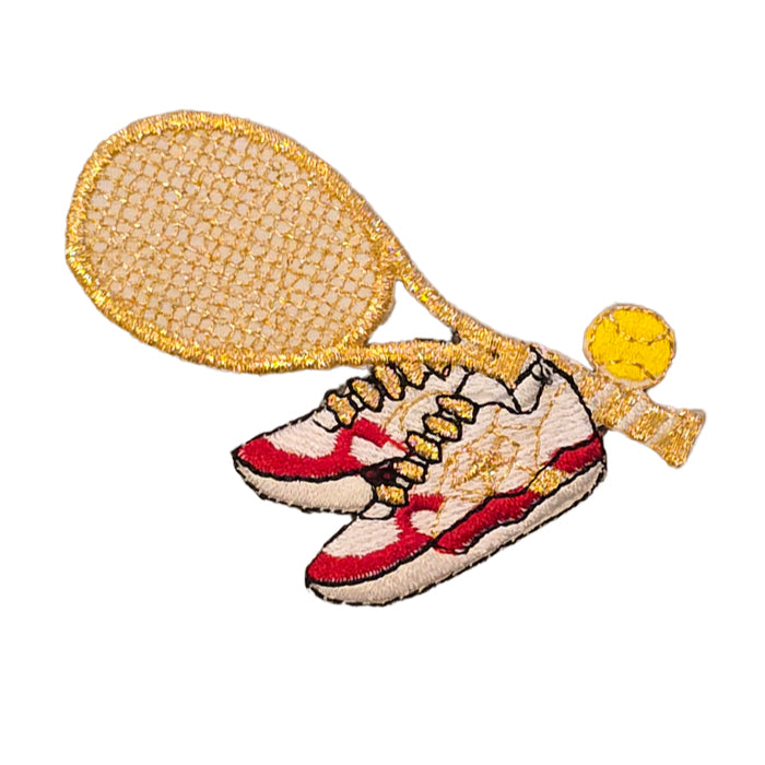 Golden Tennis Racquet Shoes and Ball Design Embroidery Patch