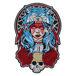 Native Girl with Wolf Headdress Skull and Roses Embroidered Patch