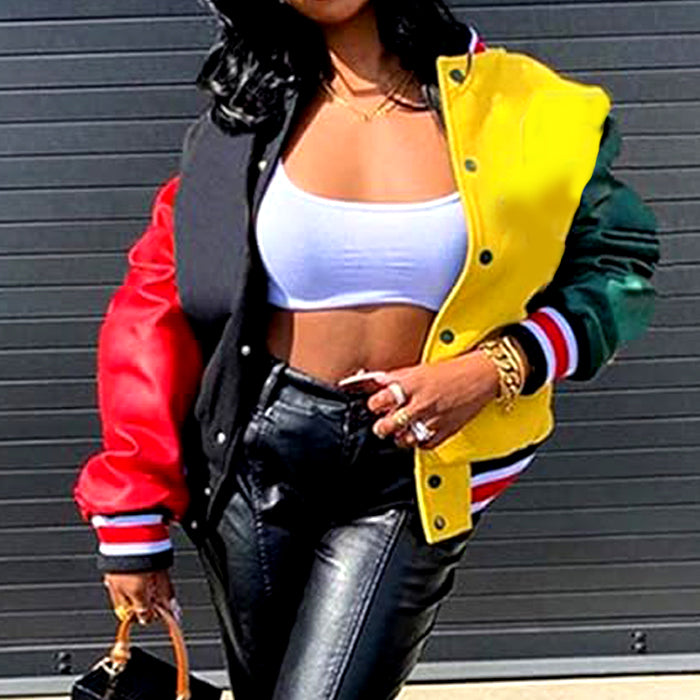 Varsity Premium Quality Polyester Black Yellow Body & Red Green PU Sleeve Jacket