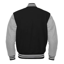 Load image into Gallery viewer, Varsity Premium Quality Plain Black Polyester Body &amp; Grey PU Sleeve Jacket
