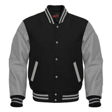 Load image into Gallery viewer, Varsity Premium Quality Plain Black Polyester Body &amp; Grey PU Sleeve Jacket
