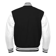 Load image into Gallery viewer, Varsity Premium Quality Plain Black Polyester Body &amp; White PU Sleeve Jacket
