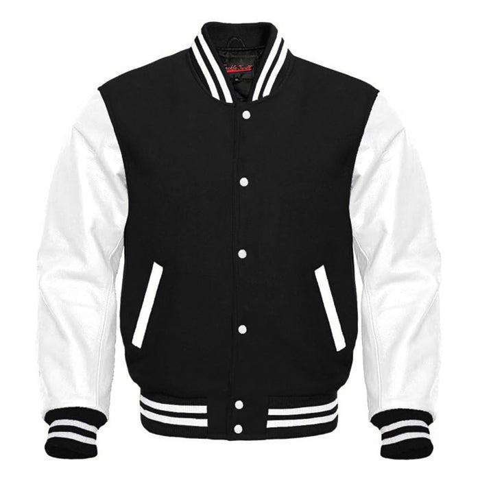 Varsity Premium Quality Plain Black Polyester Body & White PU Sleeve Jacket