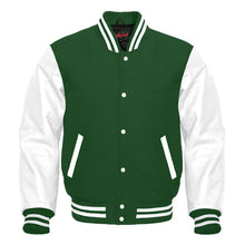 Load image into Gallery viewer, Varsity Premium Quality Plain Green Polyester Body &amp; White PU Sleeve Jacket
