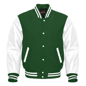 Varsity Premium Quality Plain Green Polyester Body & White PU Sleeve Jacket