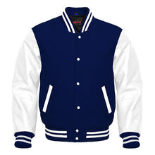 Load image into Gallery viewer, Varsity Premium Quality Plain Navy Blue Polyester Body &amp; White PU Sleeve Jacket
