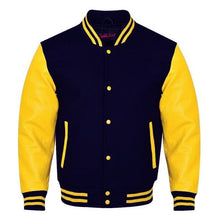 Load image into Gallery viewer, Varsity Premium Quality Plain Navy Blue Polyester Body &amp; Yellow PU Sleeve Jacket
