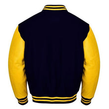 Load image into Gallery viewer, Varsity Premium Quality Plain Navy Blue Polyester Body &amp; Yellow PU Sleeve Jacket
