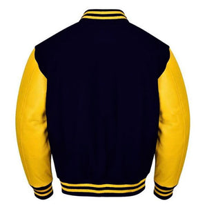 Varsity Premium Quality Plain Navy Blue Polyester Body & Yellow PU Sleeve Jacket