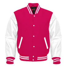 Load image into Gallery viewer, Varsity Premium Quality Plain Pink Polyester Body &amp; White PU Sleeve Jacket
