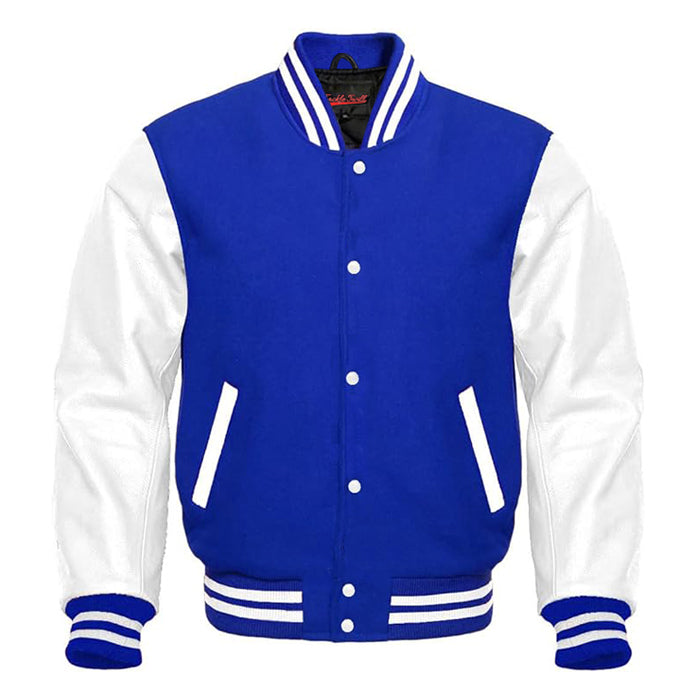 Varsity Premium Quality Plain Royal Blue Polyester Body & White PU Sleeve Jacket