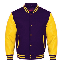 Load image into Gallery viewer, Varsity Premium Quality Plain Purple Polyester Body &amp; Yellow PU Sleeve Jacket
